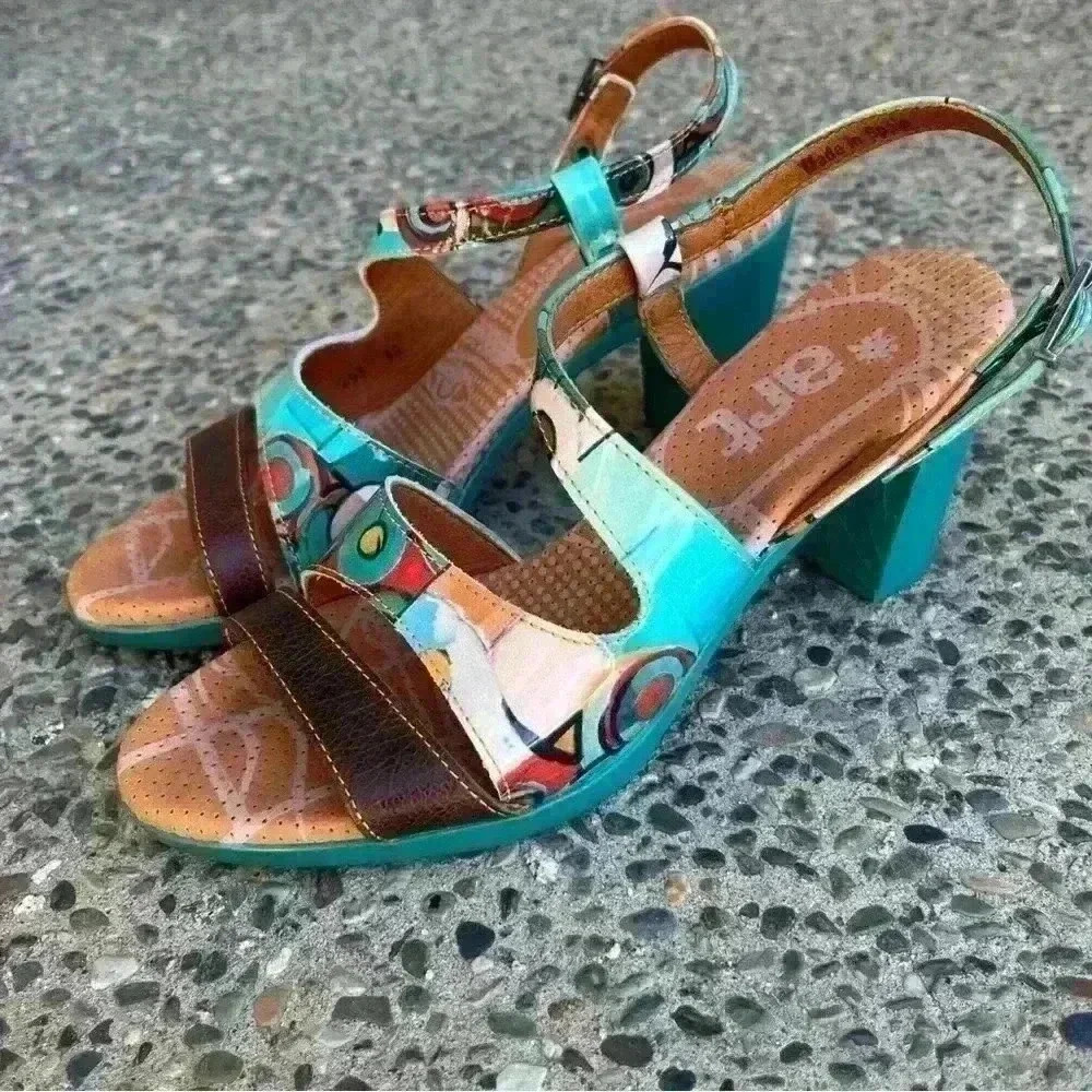 The Art Company Heel Sandals Women 7/7.5‎ Turquoise Rubber Sole 38 EUC Summer